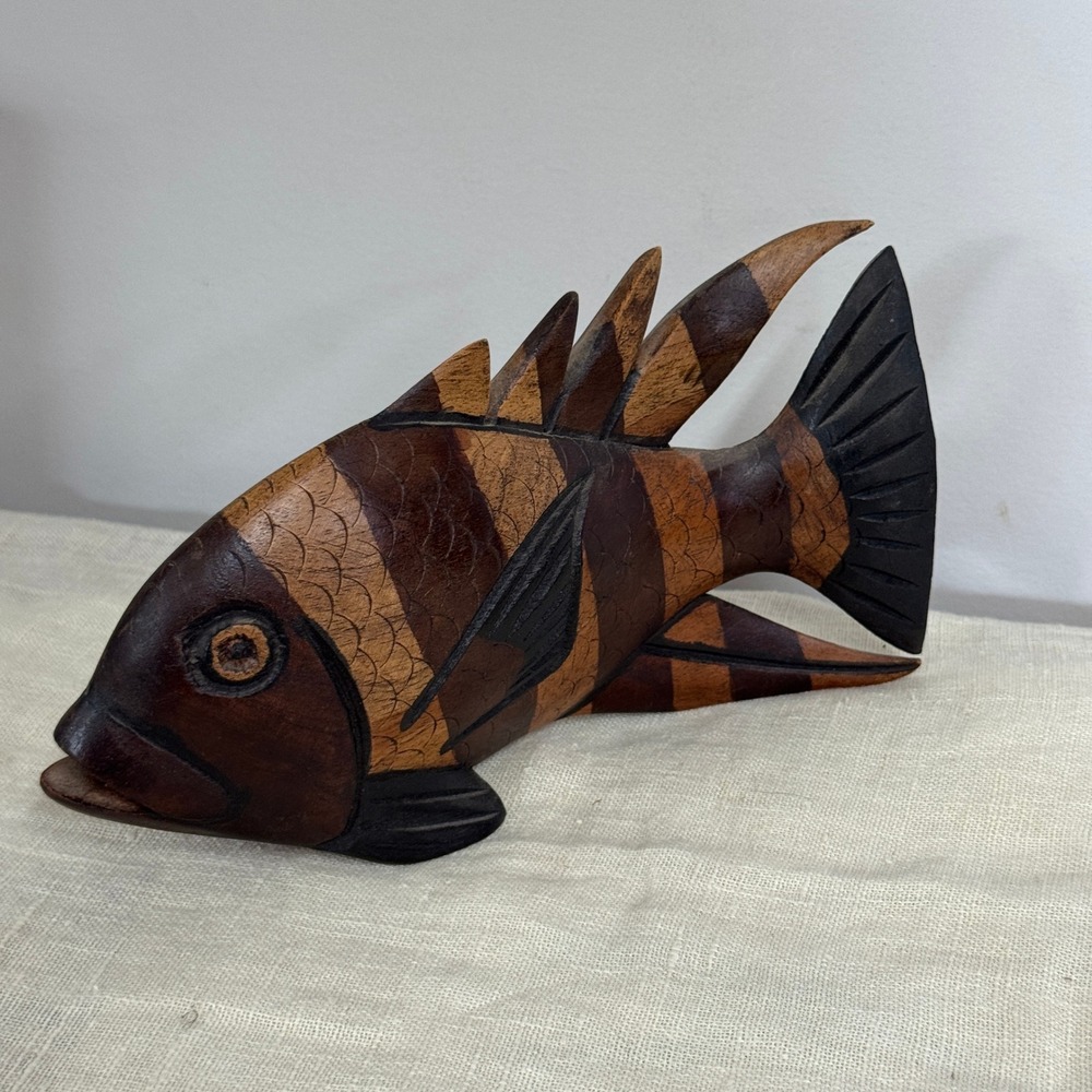 Hand Carved Wooden Tropical Fish Sculpture Striped Two Tone Coastal Decor